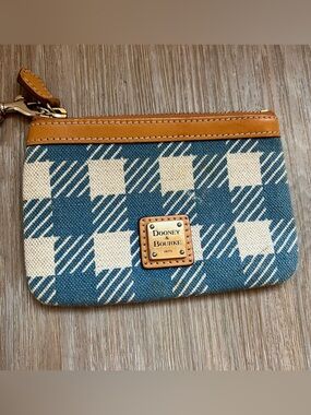 Dooney & Bourke Blue and Cream Plaid Canvas Wristlet with Tan Trim